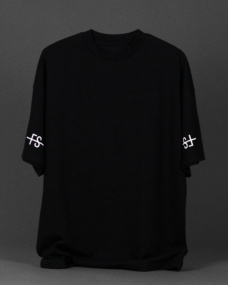 Black oversized cotton t-shirt with white sleeve logo.