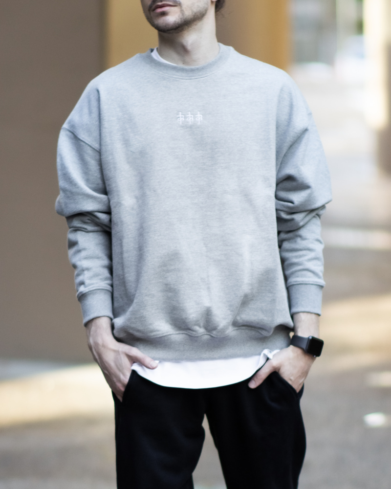 Male model wearing a grey sweatshirt in 100% cotton