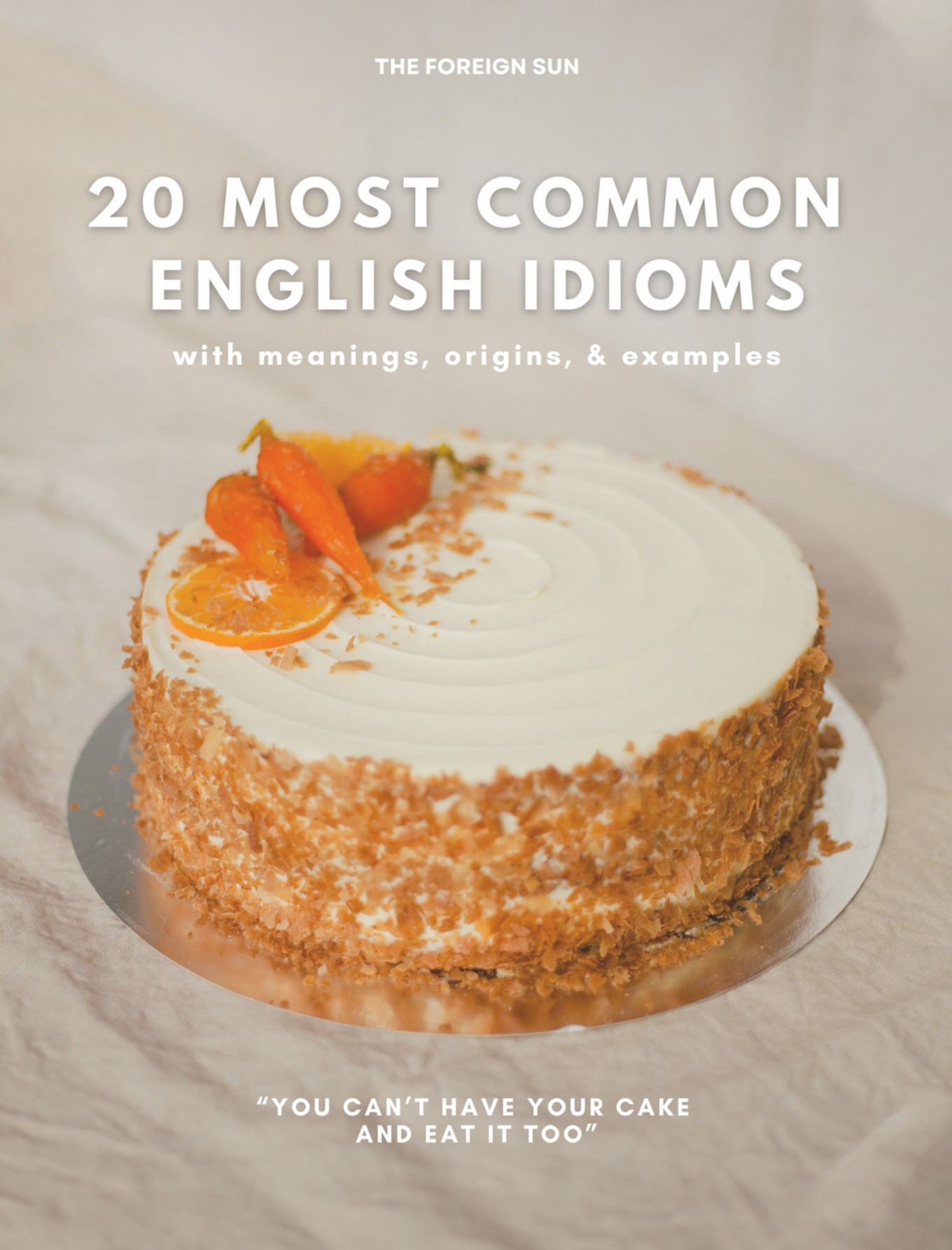 Cover image for the 20 Most Common English idioms pdf. Showing an image of a cake with the idiom You can't have your cake and eat it too.